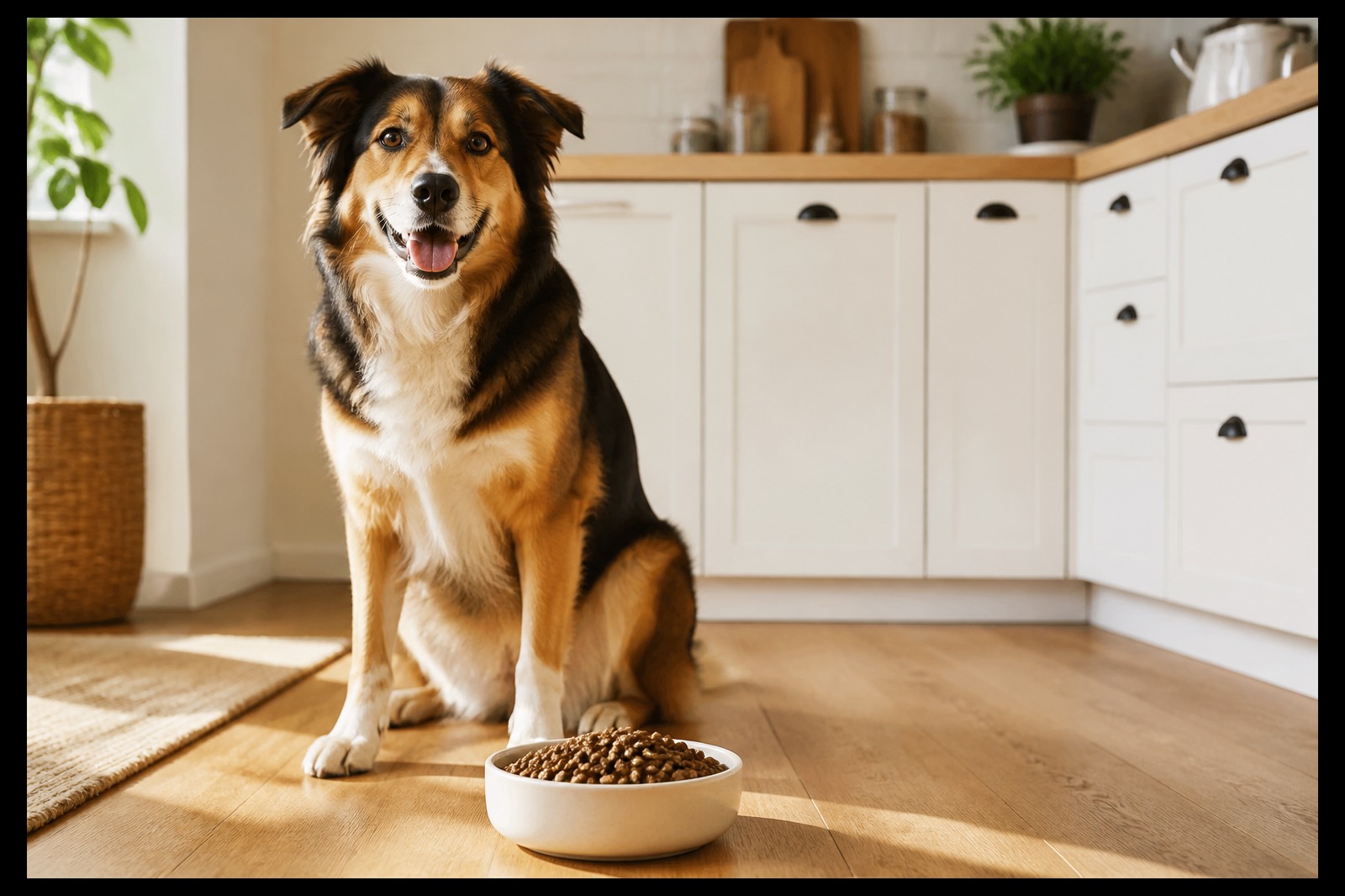 Cane adulto con una ciotola di crocchette senza marchio